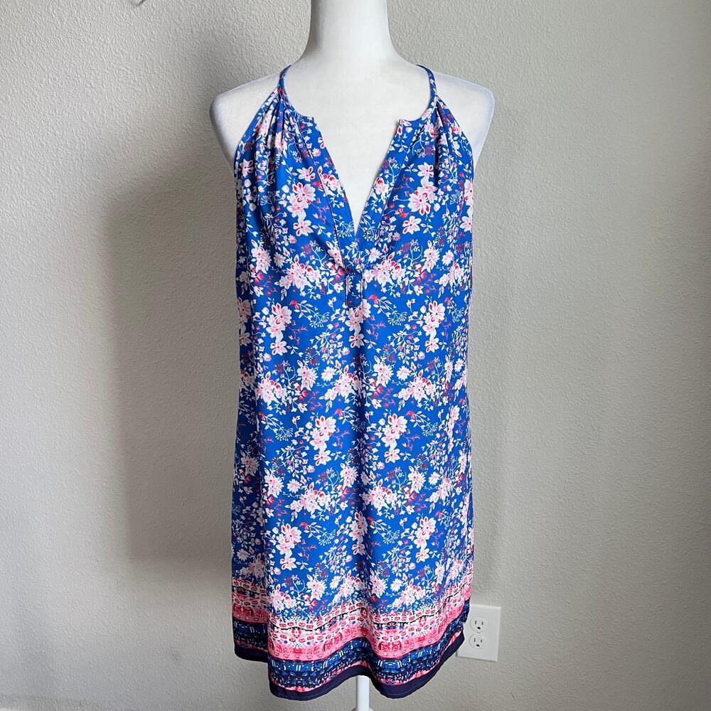 Skies are Blue Floral Blue Pink V-neck Sleeveless Dress Women's M Coquette